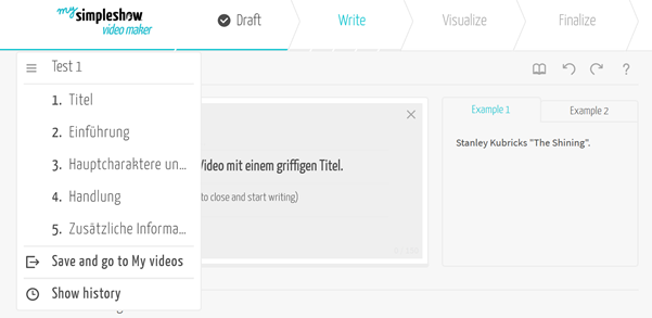 Screenshot von simpleshow video maker: &Uuml;bersicht zum Videoaufbau mit vorgefertigten Folien f&uuml;r Titel, Einf&uuml;hrung und Hauptcharaktere. Klicken Sie auf das Men&uuml;symbol (drei Linien) in der oberen linken Ecke, um die Struktur anzuzeigen. Jede Erarbeitungsstufe enth&auml;lt ein Erkl&auml;rvideo f&uuml;r zus&auml;tzliche Anleitungen.