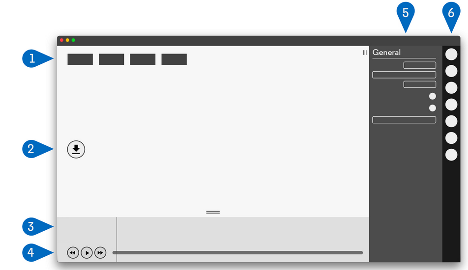 Dieses Bild zeigt das Interface des Pupil Player, einer Open-Source-Software f&uuml;r die Analyse von Eye-Tracking-Daten mit Pupil Labs Invisible. Es enth&auml;lt sechs markierte Bereiche: 1) Graphen, 2) Abk&uuml;rzungstaste, 3) Zeitleiste Events, 4) Timeline, 5) Men&uuml; und 6) Seitenleiste. Diese Elemente erleichtern die detaillierte Aufarbeitung und Visualisierung von Eye-Tracking-Aufnahmen.