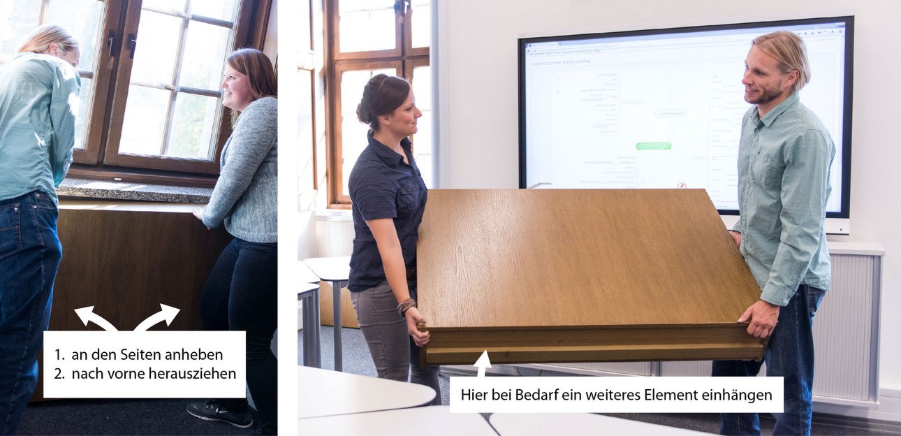 Zwei Menschen tragen B&uuml;hnenelement aus Holz