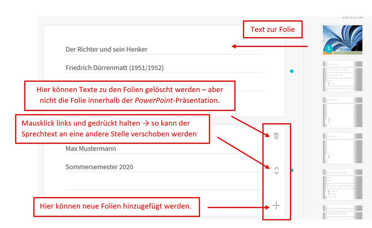 Screenshot einer PowerPoint-Pr&auml;sentation mit Anweisungen zur Bearbeitung von Folien. Textfelder zeigen Optionen zum L&ouml;schen von Text, Verschieben des Sprechtextes und Hinzuf&uuml;gen neuer Folien. Prozesse 'Draft' und 'Write' sind anpassbar f&uuml;r das Erkl&auml;rvideo.