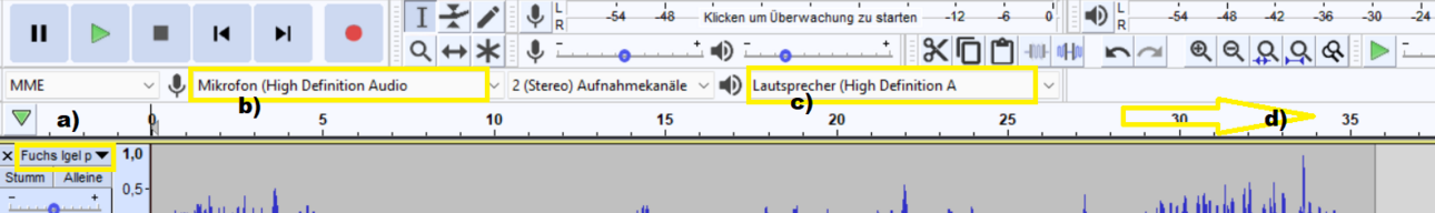 Screenshot einer Audio-Editor-Ansicht mit Navigator und Steuerungselementen. Mikrofon-Eingang (High Definition Audio) und Lautsprecher-Ausgabe (High Definition A) ausgew&auml;hlt. Timeline zeigt 30 Sekunden. Optimiert f&uuml;r SEO mit Keywords: Ansicht, Navigator, Steuerung.
