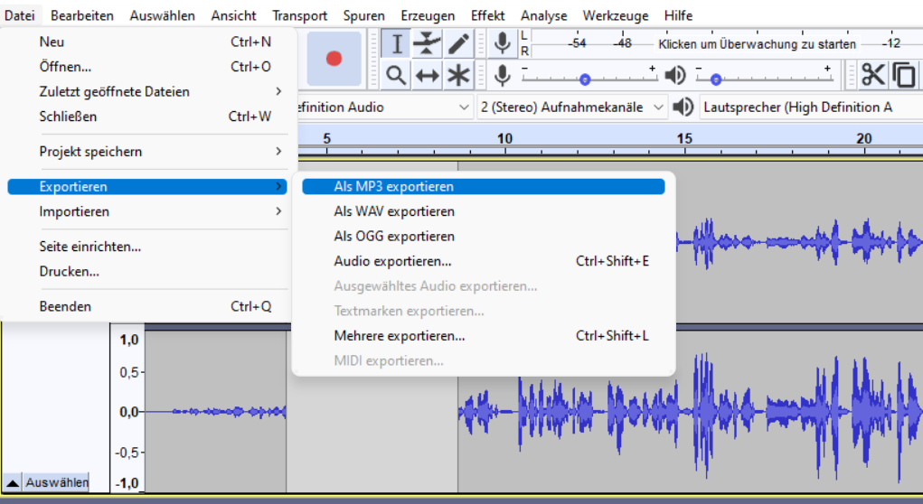 Screenshot zum Audiodatei-Export in MP3-Format: Software-Benutzeroberfl&auml;che mit Men&uuml;option "Als MP3 exportieren" hervorgehoben; ideal f&uuml;r SEO mit Schwerpunkt auf Audio-Editing und Urheberrecht.