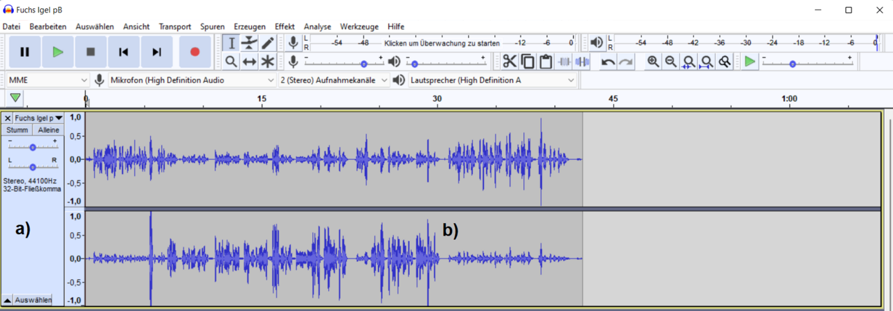 Screenshot eines Audio-Editor zeigt Stereo-Spur mit blauen Amplituden. Oben: Linke Spur (a), unten: Rechte Spur (b). H&ouml;here Amplituden deuten auf lautere Sprechstimme hin. Ideal f&uuml;r Audio-Editing und Sprachanalyse.