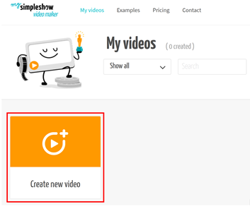 Orange Button 'Create new video' auf der My Videos-Seite von simpleshow video maker hervorgehoben. Klicken Sie hier, um ein neues Video zu erstellen.